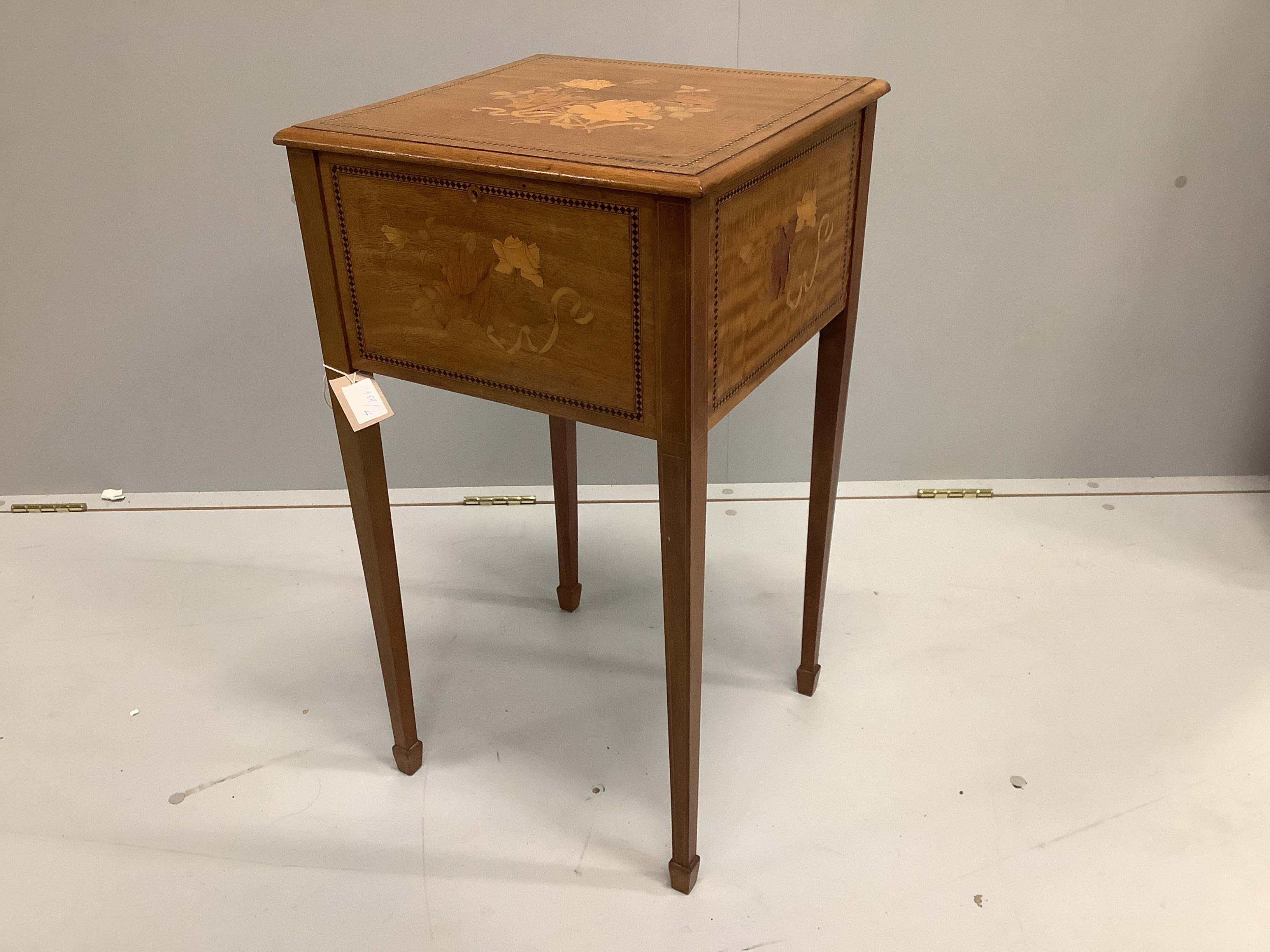 An Edwardian marquetry inlaid satinwood workbox, width 38cm, depth 38cm, height 68cm